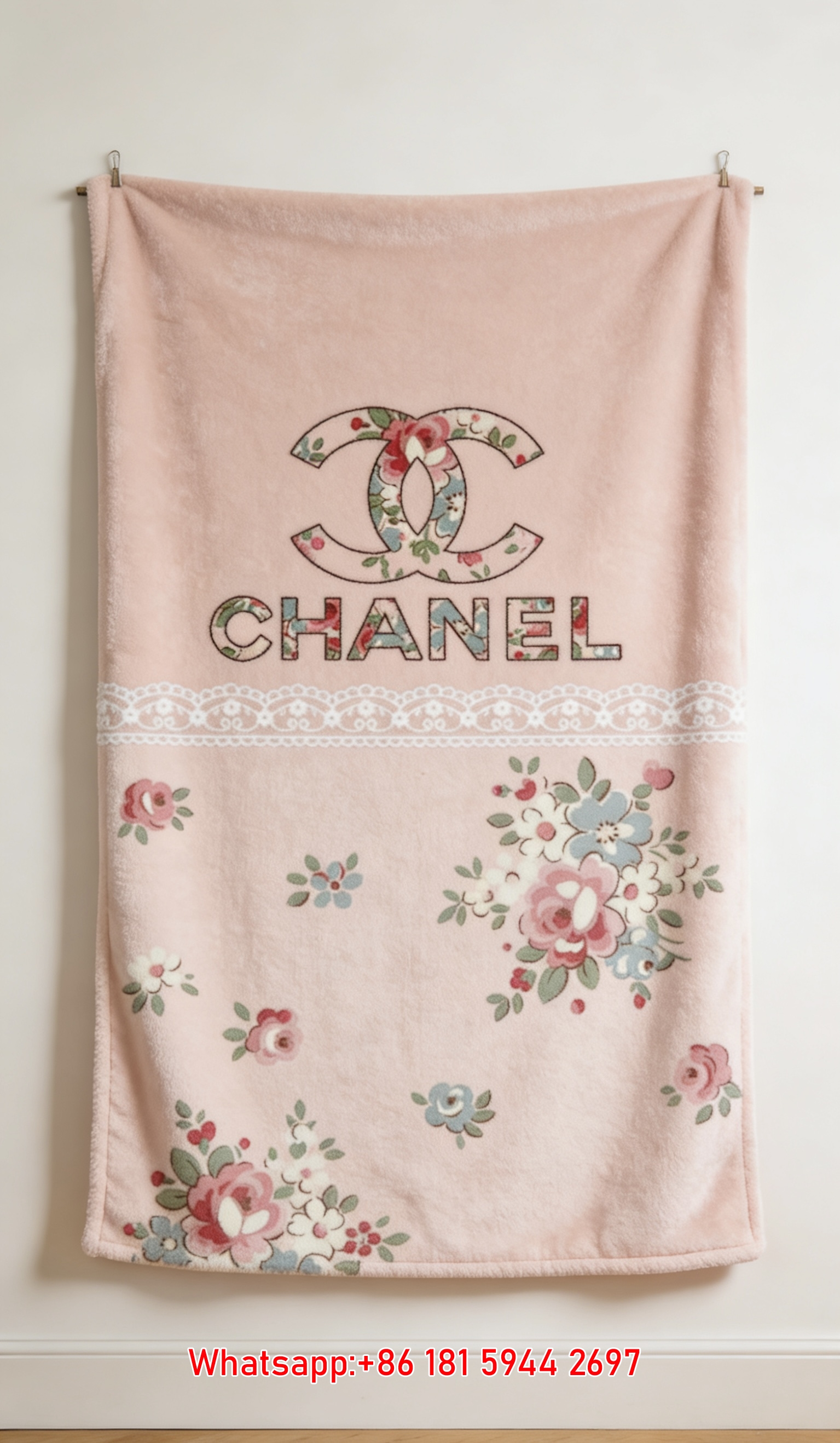 Chanel Vintage Pink Floral Flannel Throw Blanket IMG_7314